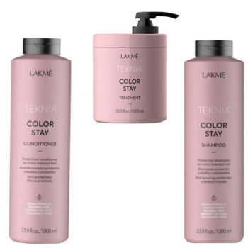 Set cadou pentru parul vopsit, Lakme Teknia Color Stay Sampon 1000 ml, Balsam 1000 ml, Tratament 1000 ml