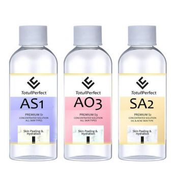 Set cadou 3 Solutii Peeling Cosmetic pentru Hidrodermabraziune, AS1, SA2, AO3 Toate tipurile de piele, Piele Sensitive, Anti Acnee, 300ML