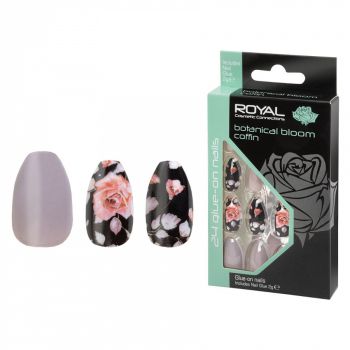 Set 24 Unghii False ROYAL Glue-On Nail Tips, Botanical Bloom Coffin, Adeziv Inclus 3 g