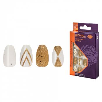 Set 24 Unghii False ROYAL Prestige Collection, Glue-On Nail Tips, Chevron Coﬃn, Adeziv Inclus