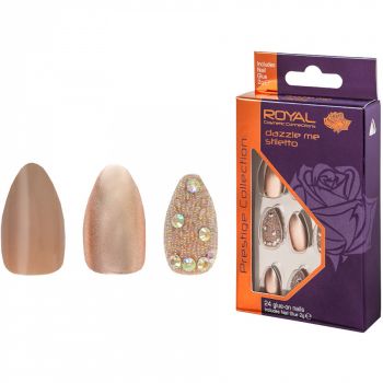 Set 24 Unghii False ROYAL Prestige Collection, Glue-On Nail Tips, Dazzle Me Stiletto, Adeziv Inclus