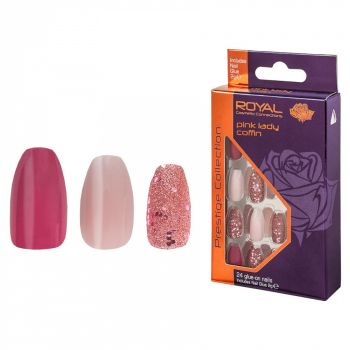 Set 24 Unghii False ROYAL Prestige Collection, Glue-On Nail Tips, Pink Lady Coﬃn, Adeziv Inclus