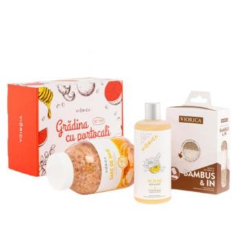 Set SPA „Grădina cu Portocali”: Sare de baie miere și propolis 1000 g, Gel de dus Portocală 400 ml, 1 x Burete Bambus și In