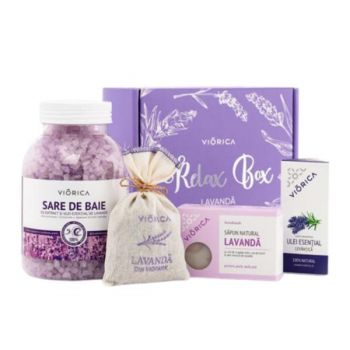 Set SPA Relax Box Lavandă: Sare de baie 1000g, Ulei essențial Lavandă 10 ml, Săpun natural Lavandă 105 g, Sac aromat cu Lavandă 25 g