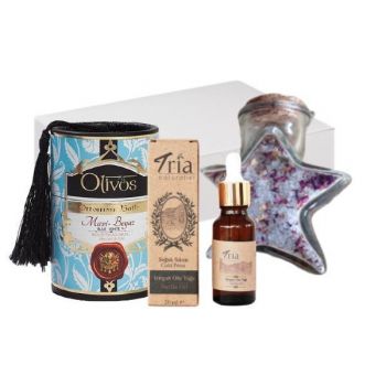 Set cadou „Ottoman Mavi-Beyaz” cu săpun (2 x 100 gr) + ulei (20 ml) + sare de baie (140 gr)