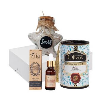 Set cadou cosmetic „Ottoman Luxury Haliç” sapun cu masline (2 x 100 gr) + ulei din seminte de chimen (20 ml) + sare de baie de lavanda (140 gr)
