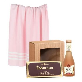 Cadou „Lohman„ cu prosop de plaja (90 x 180 cm) + vin miniatura (0,2 L) + ciocolata cu lapte (100 gr)