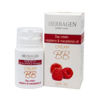 Crema de Zi BB Cream cu Zmeura si Ulei de Macadamia SPF 15 Herbagen, 50g Crema de Zi BB Cream cu Zmeura si Ulei de Macadamia SPF 15 Herbagen, 50g