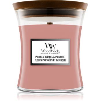 Woodwick Pressed Blooms & Patchouli lumânare parfumată cu fitil din lemn