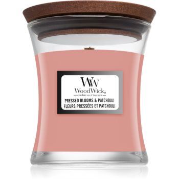 Woodwick Pressed Blooms & Patchouli lumânare parfumată cu fitil din lemn