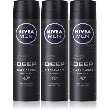 NIVEA MEN Deep Black Carbon Darkwood spray anti-perspirant 3 x 150 ml(ambalaj economic) pentru bărbați la reducere