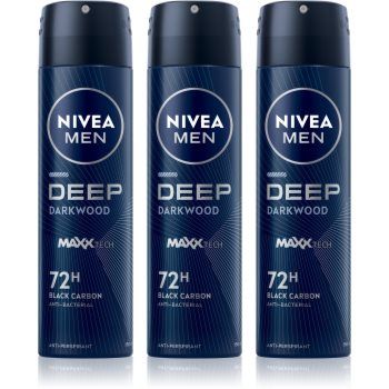 NIVEA MEN Deep Black Carbon Darkwood spray anti-perspirant ambalaj economic pentru bărbați 3 x 150 ml