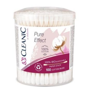 Betisoare de Urechi Biodegradabile din Bumbac - Cleanic Pure Effect 100% Biodegradable, 100 buc/cutie