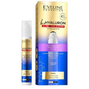 Gel anti-rid pentru ochi roll-on, Eveline Cosmetics, Bio Hyaluron 3x Retinol Sistem Cooling Effect, 15 ml