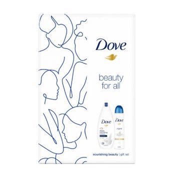 Set Cadou Hidratant - Dove Beauty for All Nourishing Beauty Gel de Dus 250ml + Deodorant Spray 150ml la reducere