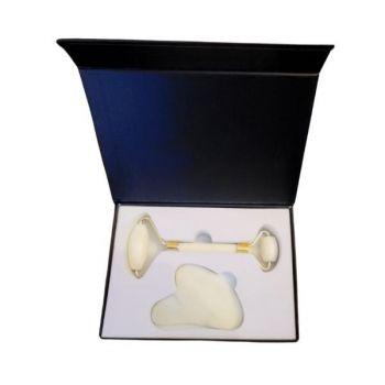 Set Facial Roller si Piatra Guasha pentru masaj facial, din marmura alba in Cutie Cadou/ Gift Box