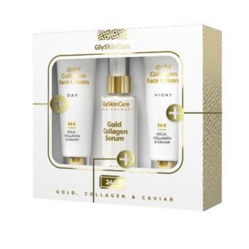 Set cadou Anti-imbatranire GlySkinCare Gold Collagen Treatment 24k cu aur activ, Crema de zi 50ml Ser Lifting 50ml Crema de Noapte 50ml