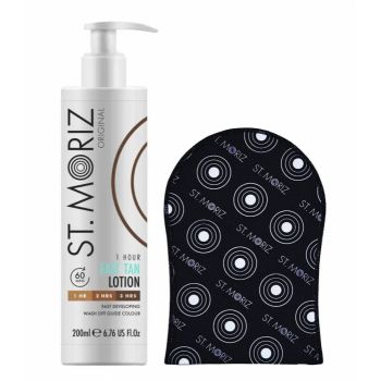 Set pentru Autobronzare Profesionala ST MORIZ cu Lotiune Fast Tan 1 Hour 2 Hrs 3 Hrs si Manusa, 200 ml de firma original