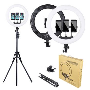 Lampa Circulara Foto LED 55cm, Lumina Rece/Calda, Ring Light cu Trepied, Geanta si 3 Suporti Telefon