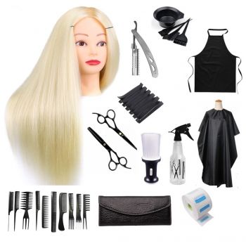 Set kit frizerie coafor complet Jasmin cu cap practica blond ,brici foarfeca tuns si filat