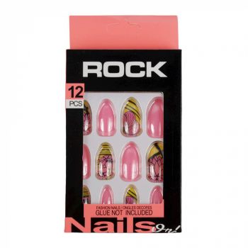 Set 12 Unghii False ROCK cu adeziv inclus, 14 Pink Flowers la reducere