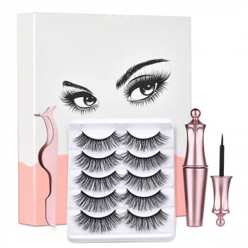 Kit cu 5 perechi Gene False Magnetice, Profesionale, 1 Aplicator, 1 Eyeliner Magnetic Negru intens, Waterproof, 5 Modele