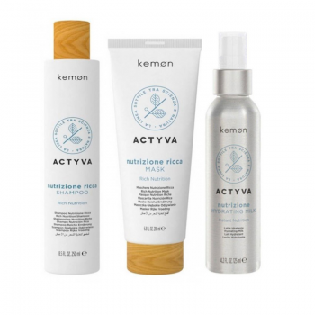 Kemon Actyva Nutrizione - Pachet hidratare intensa par foarte uscat (sampon 250ml,masca 200ml,milk 125ml)