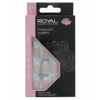 Set 24 Unghii False ROYAL Glue-On Nail French Coffin, Adeziv Inclus 2 g