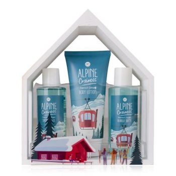 Set Accentra gel de dus 150 ml, 150 ml spuma de baie, 150 ml lotiune de corp, Alpine Coziness in cutie de lemn in forma de casa