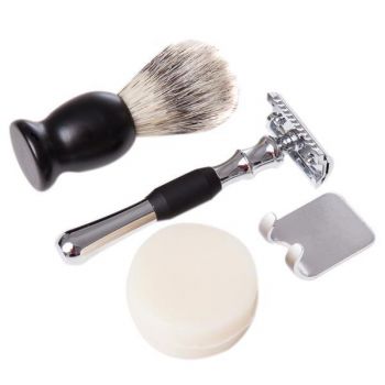 Set cadou barbierit clasic Fixxia cu safety razor, maner din metal, lama dubla si pamatuf, cutie crem de firma original