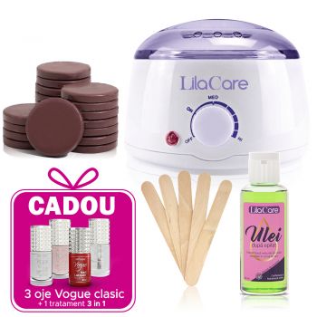 Kit epilare cu ceara discuri ciocolata 1 x 400 g, 1 x incalzitor ceara, 1 x ulei dupa epilare, 1 x set 10 spatule