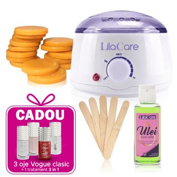 Kit epilare cu ceara discuri honey 1 x 400 g, 1 x incalzitor ceara, 1 x ulei dupa epilare, 1 x set 10 spatule