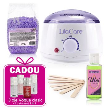 Kit epilare cu ceara granule lavanda 1 x 400 g, 1 x incalzitor ceara, 1 x ulei dupa epilare, 1 x set 10 spatule