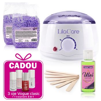 Kit epilare cu ceara granule lavanda 2 x 400 g, 1 x incalzitor ceara, 1 x ulei dupa epilare, 1 x set 10 spatule