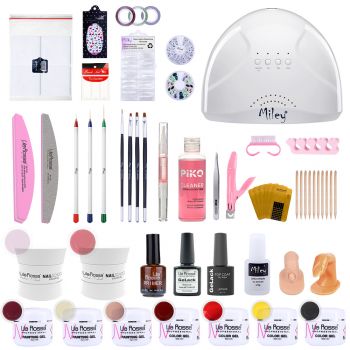 Kit unghii Essential gel Lila Rossa Nailschool, cu lampa uv led SunOne + 7 x gel color + base coat + top coat + primer + decoratiuni + tipsuri + accesorii