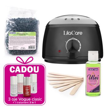 Kit epilare cu ceara granule azulene, incalzitor negru, 1 x 500 g ceara, 1 x incalzitor ceara, 1 x ulei dupa epilare, 1 x set 10 spatule