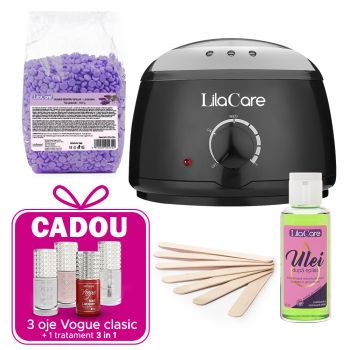 Kit epilare cu ceara granule lavanda, cu incalzitor negru, 1 x 500 g, 1 x incalzitor ceara, 1 x ulei dupa epilare, 1 x set 10 spatule