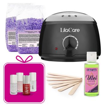 Kit epilare cu ceara granule lavanda, cu incalzitor negru, 2 x 500 g, 1 x incalzitor ceara, 1 x ulei dupa epilare, 1 x set 10 spatule