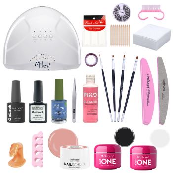 Kit unghii gel Black and White, Lila Rossa NailSchool, cu lampa UV led SunOne, gel color, degresant, top, baza, pensule, accesorii