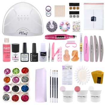 Kit unghii gel Glitter Party, Lila Rossa Nailschool, cu lampa uv led SunOne + set 12 geluri color + degresant + primer + top + baza + decoratiuni + tipsuri + accesorii