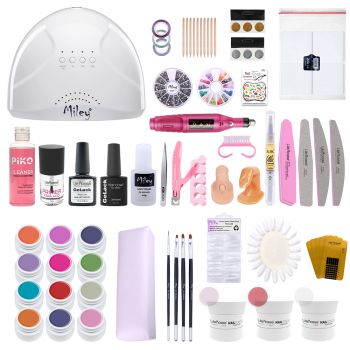 Kit unghii gel Neon Vibes, Lila Rossa Nailschool, cu lampa uv led SunOne + set 12 geluri color + degresant + primer + top + baza + decoratiuni + tipsuri + accesorii