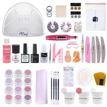 Kit unghii gel Nude Fantasy, Lila Rossa Nailschool, cu lampa uv led SunOne + set 12 geluri color + degresant + primer + top + baza + decoratiuni + tipsuri + accesorii