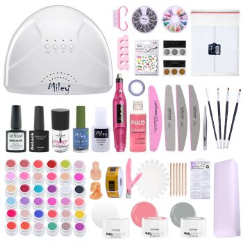 Kit unghii gel Perfect Summer, Lila Rossa NailSchool, cu lampa UV led SunOne, 36 geluri color, degresant, primer, top, baza, decoratiuni, tipsuri, accesorii