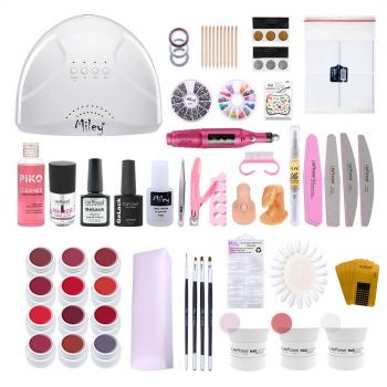 Kit unghii gel Sweet Red, Lila Rossa Nailschool, cu lampa uv led SunOne + set 12 geluri color + degresant + primer + top + baza + decoratiuni + tipsuri + accesorii