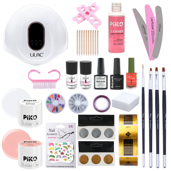 Kit unghii gel Essential, Piko, cu lampa UV LED 90 W, degresant, top, baza, pensule, decoratiuni