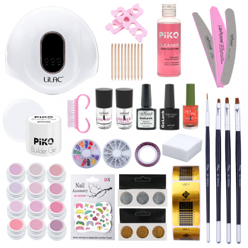 Kit unghii gel Nude Collection, Piko, cu lampa UV LED, 90 W, cu set 12 geluri color, degresant, primer, top, baza, pensule, decoratiuni