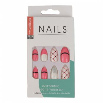 Set 12 Unghii False Premium, 01 Pink Geometric