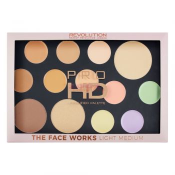 MAKEUP REVOLUTION THE FACE WORKS FINISH POWDER - BAKED HIGHLIGHTER - CONCEALER - BRONZER PALETTE LIGHT MEDIUM