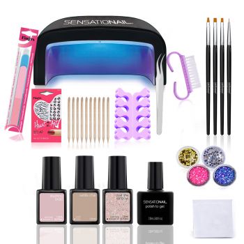 Kit unghii Sensationail, Essential 1, cu lampa UV/LED, 3 oje semipermanente, top coat, accesorii unghii