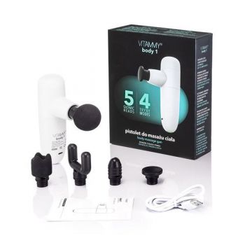 Aparat de masaj tip pistol Vitammy Body 1, portabil, 5 capete de masaj, 4 trepte de viteza, baterie litiu-ion, USB-C, Alb Aparat de masaj tip pistol Vitammy Body 1, portabil, 5 capete de masaj, 4 trepte de viteza, baterie litiu-ion, USB-C, Alb